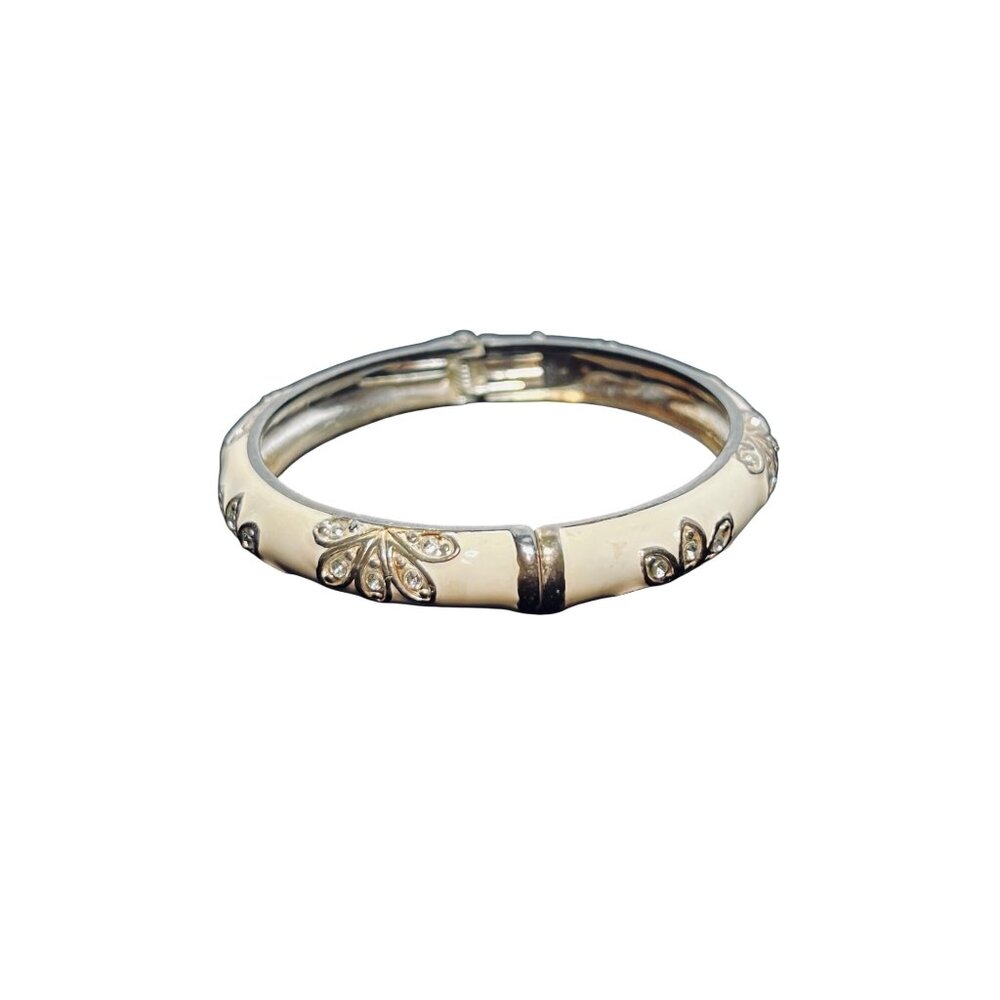 Gold Tone Cream Enamel And Rhinestone Hinged Bangle Bracelet (6149) - Picture 3 of 5